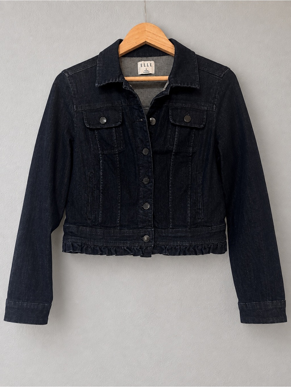ELLE Women’s Dark Wash Blue Denim Jacket Size M Ruffle Hem Stretch Jean Jacket